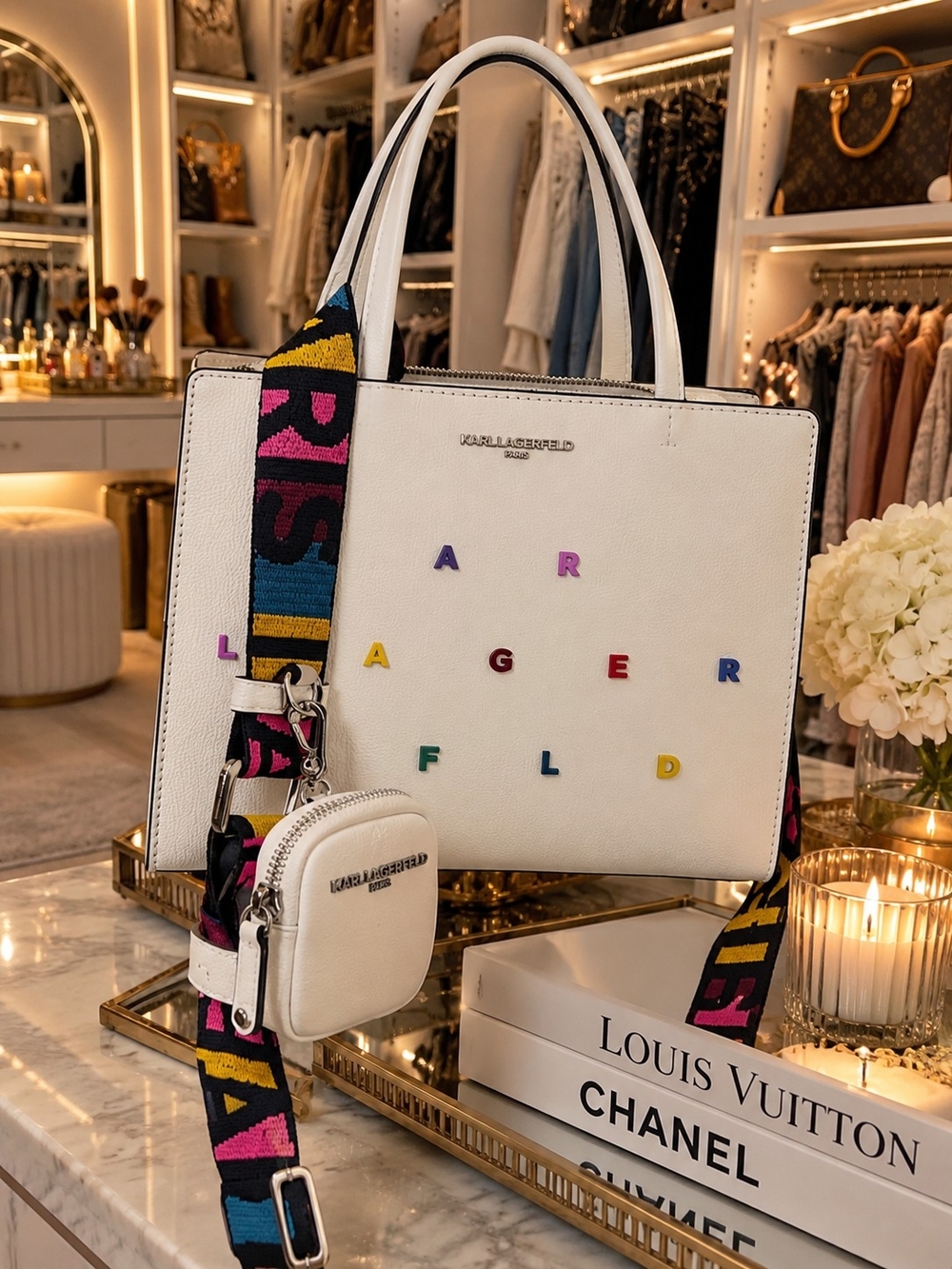 Karl Lagerfeld White Leather Tote with Multicolor Lettering and Bold Strap